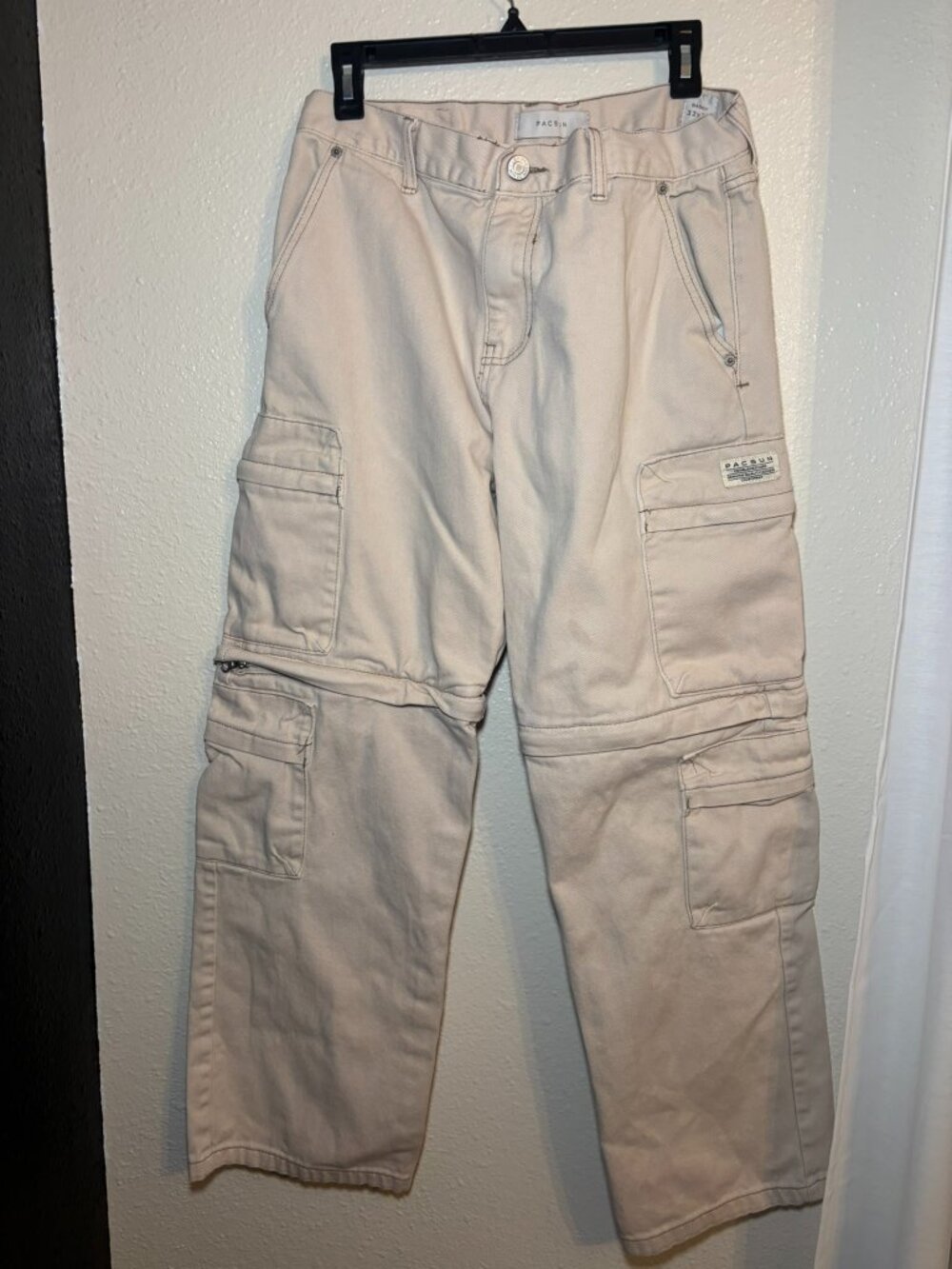 Pacsun Mens 32x32 Baggy Convertible Cargo Skater Y2K Grunge Beige Denim *READ